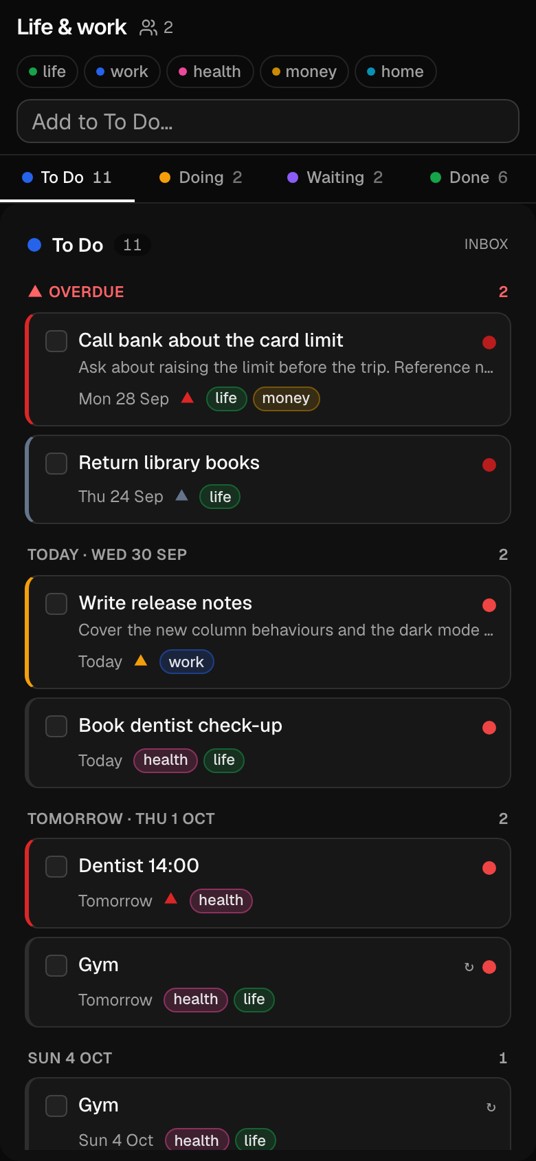 The To Do column on a phone in the dark theme, with the column switcher above it