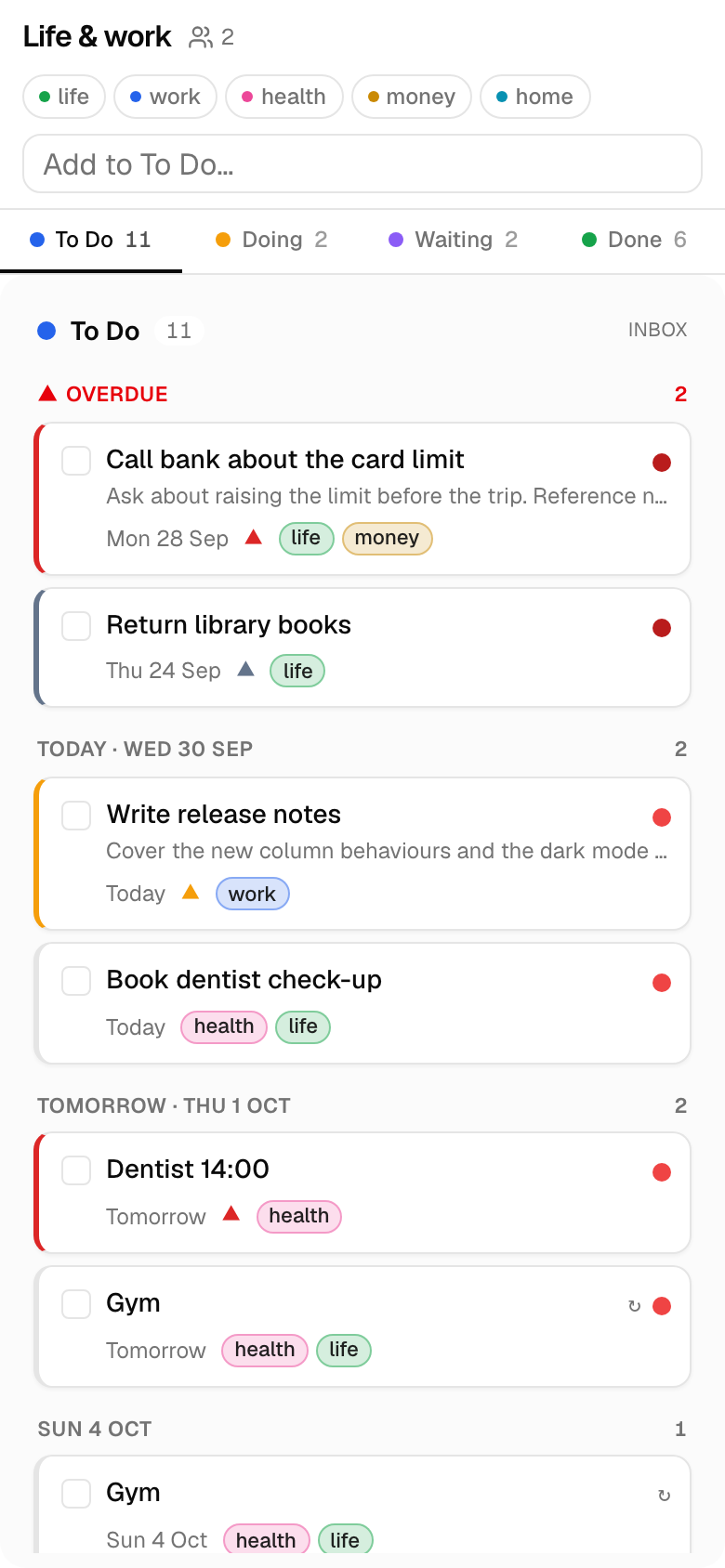 The To Do column on a phone in the light theme, with the column switcher above it