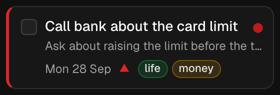 A card with a red overdue badge, a red priority left edge, and 'life' and 'money' tag chips (dark theme)