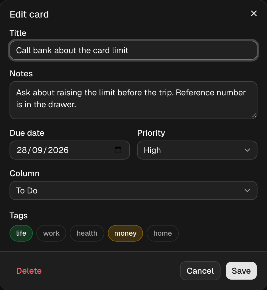 The edit-card dialog with title, notes, due date, priority, column and tag fields (dark theme)