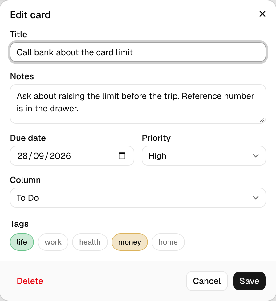 The edit-card dialog with title, notes, due date, priority, column and tag fields