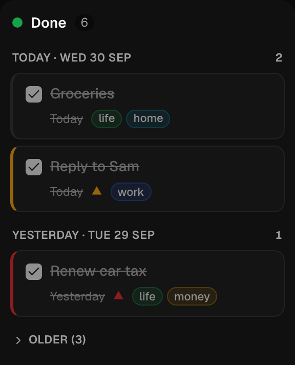 The Done column grouped by completion day, with groups older than a week folded behind an 'older' toggle (dark theme)