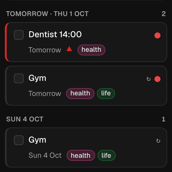 Two Gym cards marked with a recurrence symbol, one due tomorrow and one due Sunday (dark theme)
