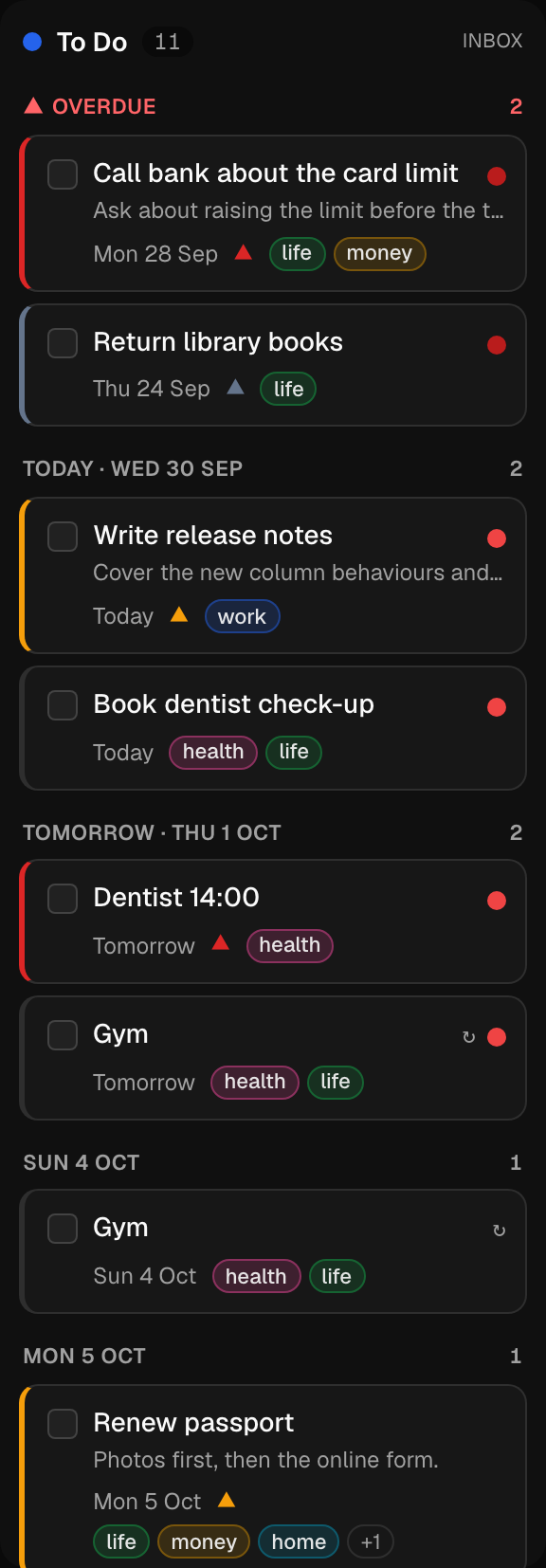 The To Do column with cards grouped under Overdue, Today, Tomorrow and named days (dark theme)