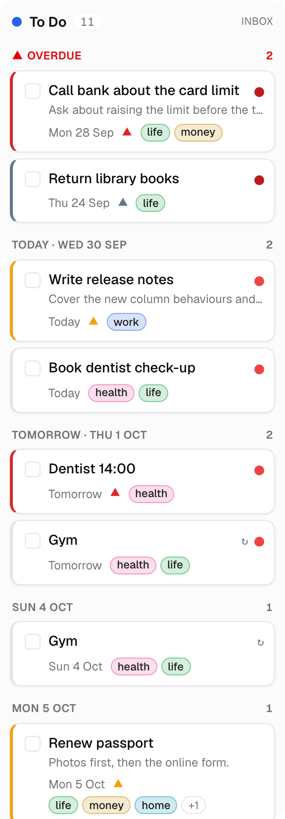 The To Do column with cards grouped under Overdue, Today, Tomorrow and named days